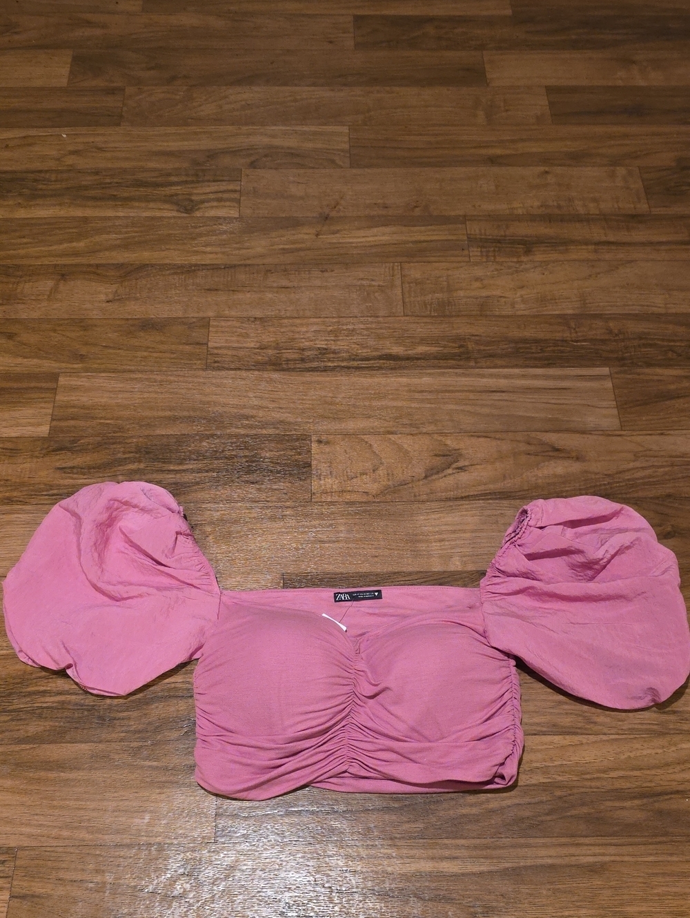 Zara Pink Puff-Sleeve Ruched Off-Shoulder Crop Top